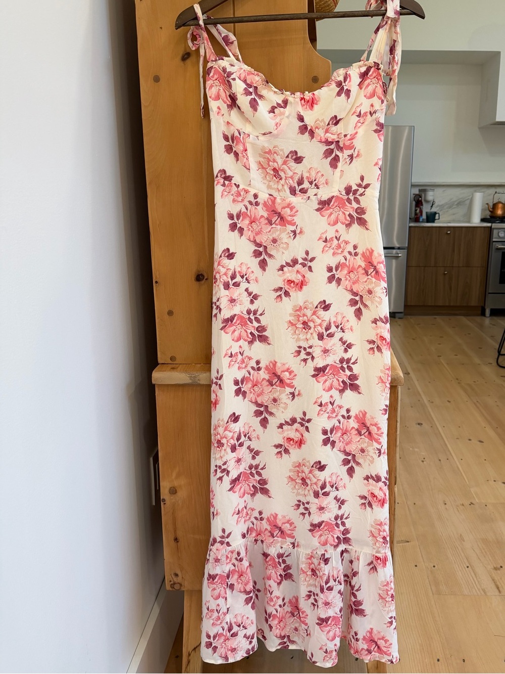 Reformation Jason pink floral tie shoulder dress